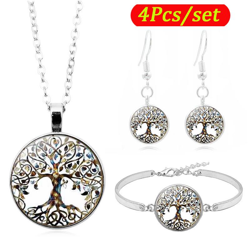 

Tree of Life Classic Jewelry Set Glass Cabochon Pendant Chain Necklace Bracelet Earring Set Women Gift 4Pcs/Set, As pic