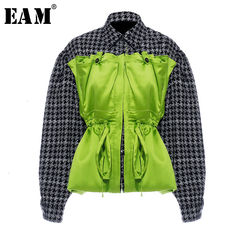 EAM Loose Fit Plaid Drawstring Split Big Size Jacket Lapel Long Sleeve Women Coat Fashion Spring Autumn 1H203 201112Z