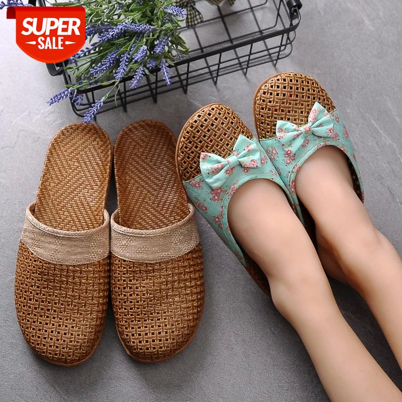 

New Butterfly-Knot Home Slippers Summer Cool Eva Slippers Women Linen Belt Slides Female Sandals Flip Flops #Cz9F, Beige