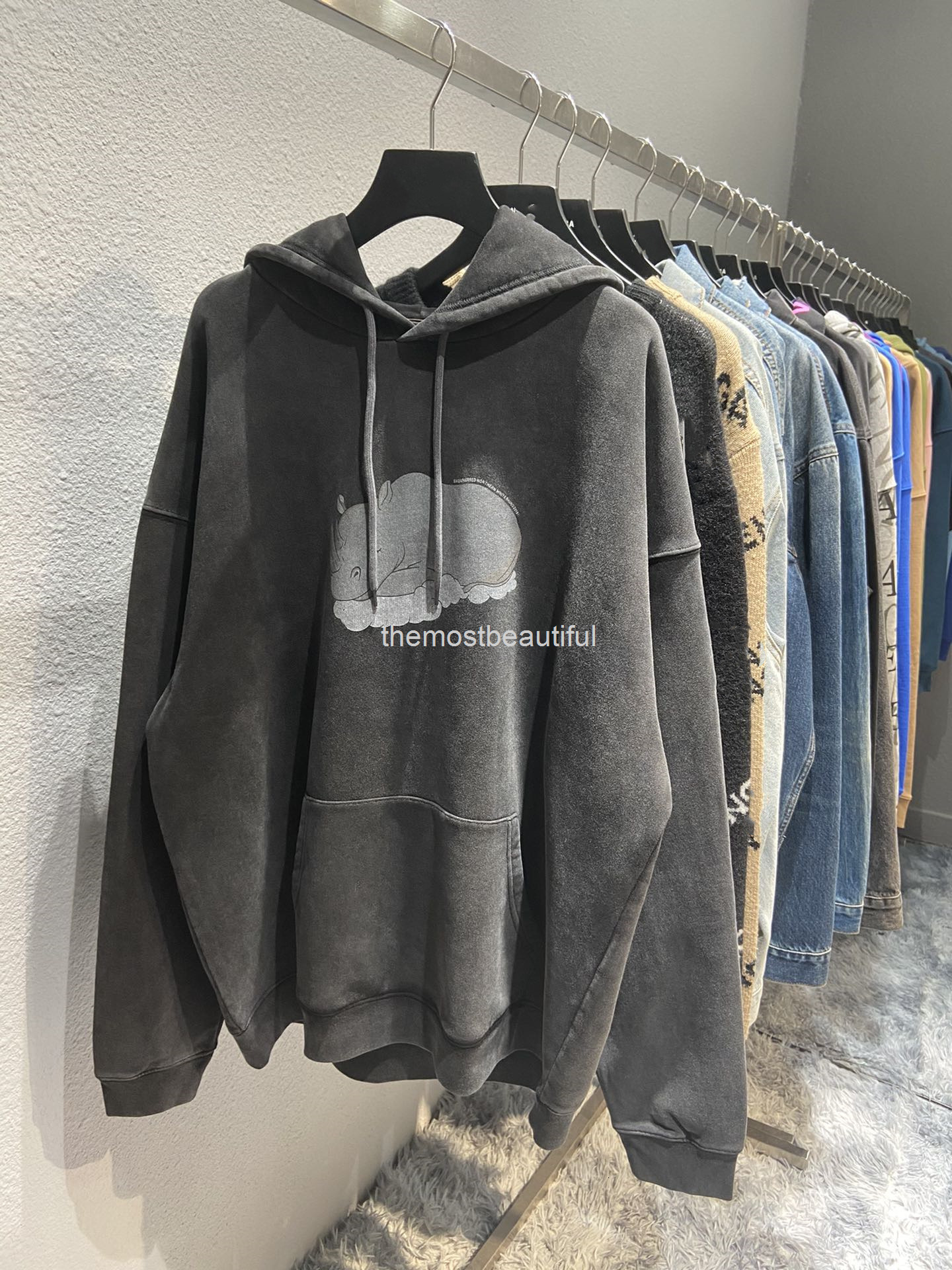 

Women's Hoodies & Sweatshirts Autumn and winter high version b family rhinoceros print Pullover Hooded Terry loose wash men's women's same style sweater, 2# packing bag