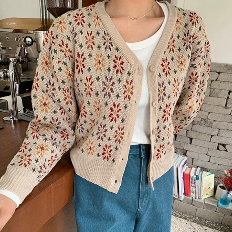 

Retro Vintage Pattern Print Cardigan Women Knitted Top Sweater Autumn Lovely Pull Femme Jersey Mujer, As pic
