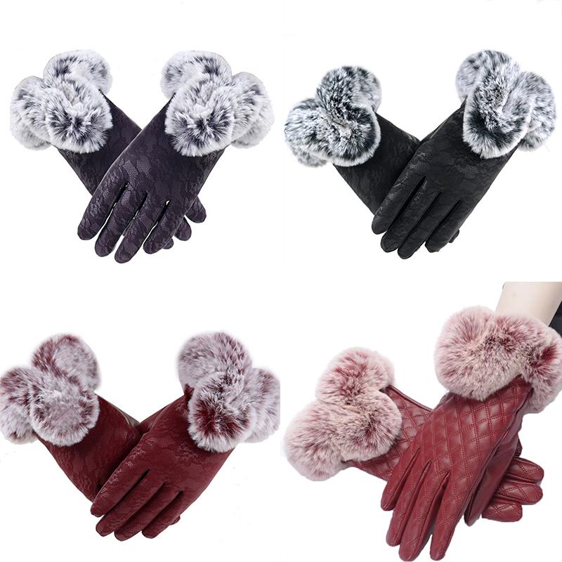 

Autumn Winter Women Warm Leather Gloves fur touch screen gloves plush female windproof and cold-proof