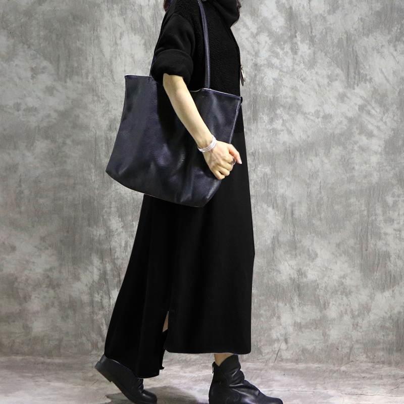 

Women Casual Sweater Dresses Solid Dress Long Sleeve Round Neck Big Swing Splice Maxi Dress Vestido De Mulher, Black