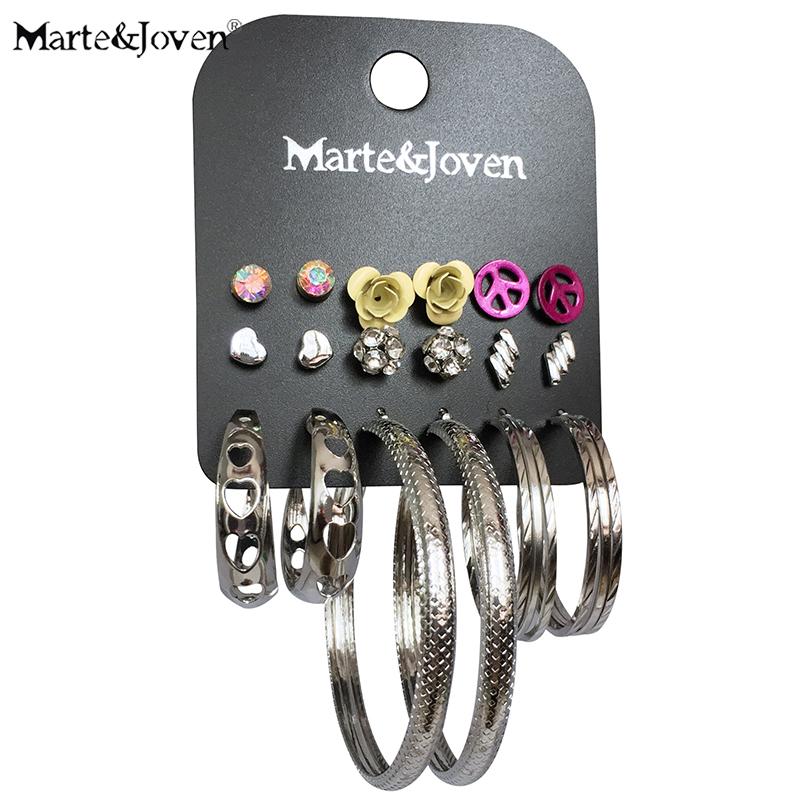 

Hoop & Huggie Marte&Joven 9 Pairs/set Silver Color Big Hoops Earring Sets For Women Cute Yellow Flower/Rhinestone Ball/Peace Sign Earrings S