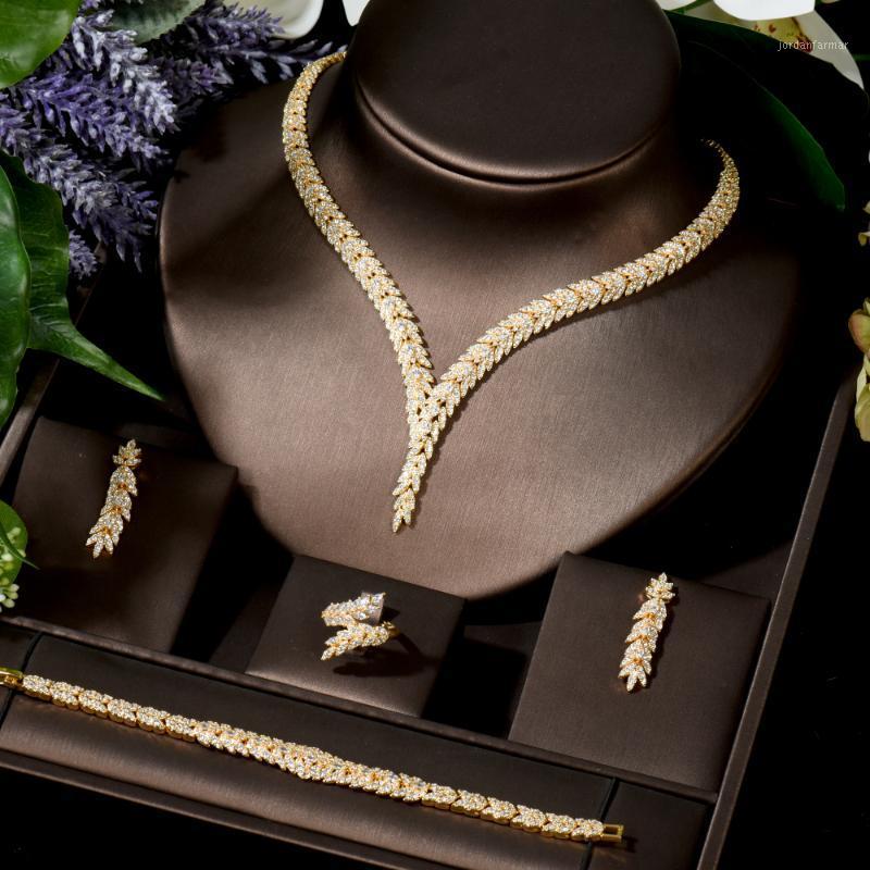 

Earrings & Necklace HIBRIDE CZ Leaf Design Luxury Bridal Wedding Jewelry Sets Women 4pcs Gold Color Parure Bijoux N-15161, As pic