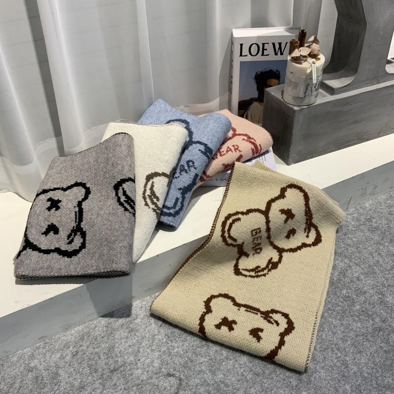 

Scarves Cute Bear Print Knit Scarf For Women Sweet Girl Winter Thicken Warm Shawls Wraps Soft Long Neckerchief Cashmere Gift