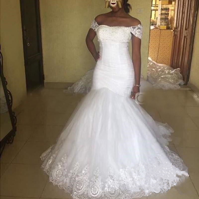 

2021 New Sexy Plus Size Mermaid African Off the Shoulder of Vintage Country Rentals Arab Niger Wedding Gowns Sweeping Train Bride YX9Z, Champagne