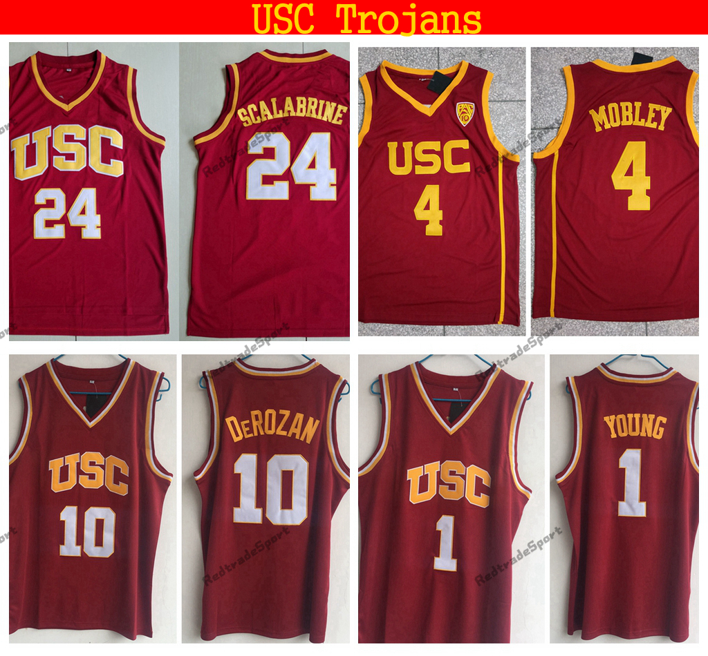 

Vintage NCAA USC Trojans College Basketball Jerseys 4 Evan Mobley 24 Brian Scalabrine 1 Nick Young 10 DeMar DeRozan Stitched Red Shirts Jersey S, Black