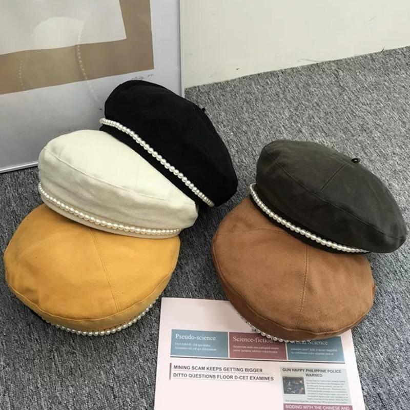 

Women Fashion British Retro Beret Hat Faux Pearl Autumn Winter Beanie Caps Cotton Black Beige Warm Outdoor Ski Cap All-Match Hat, Army green