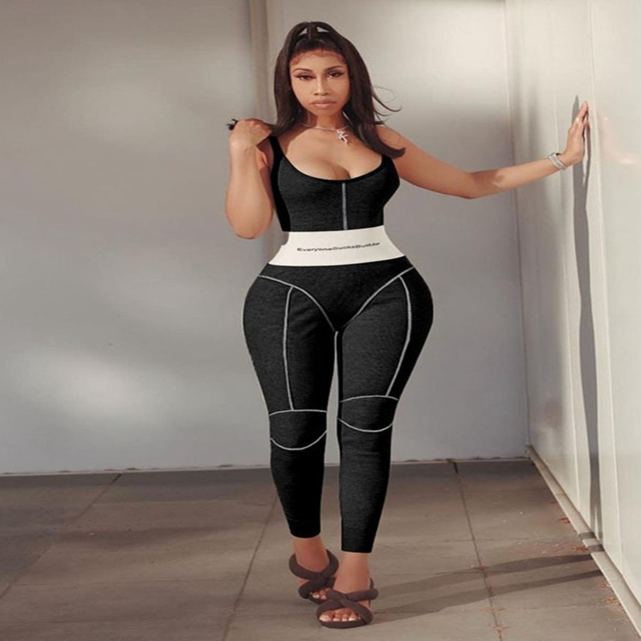 

New Sporty Women Print Letter Jumpsuit Fitness Sportwear Skinny Sexy Romper Striped Backless Streetwear Outfits Playsuit, Black