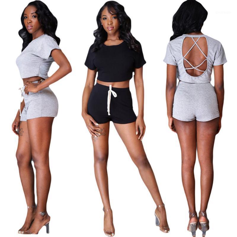 

Summer Women' Casual Sport Suit Navel-exposed Backless Ribbon Cross Loose Sports Sexy Two-piece Set Running Cool Suit1, Black