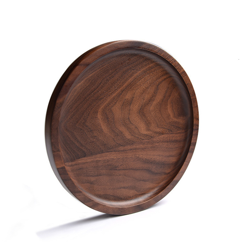 

2021 New Round Shape Black Walnut Pan Trays Fruit Dishes Saucer Tea Tray Dessert Dinner Bread Wood Plate Dish Sweu