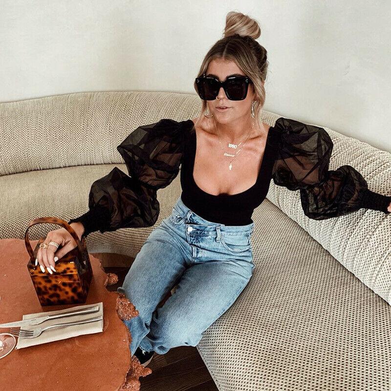 

Women Ladies Sexy Long Sleeve Bodysuit Solid Puff Sleeve U-neck Bodycon Slim Stretchhy Sexy Jumpsuit Romper, Black