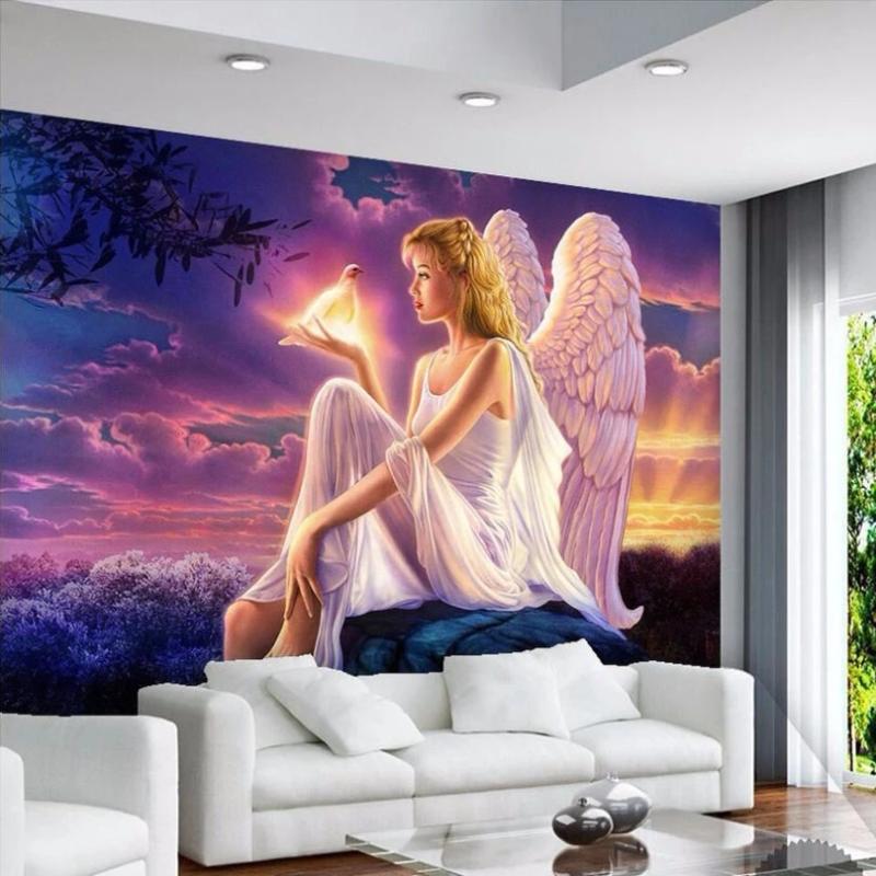 

High Quality Custom 3D Photo Wallpaper World Peace Dove Guardian Angel Girl Sunset 3D Wall Mural Wallpaper Living Room Bedroom, Silk cloth