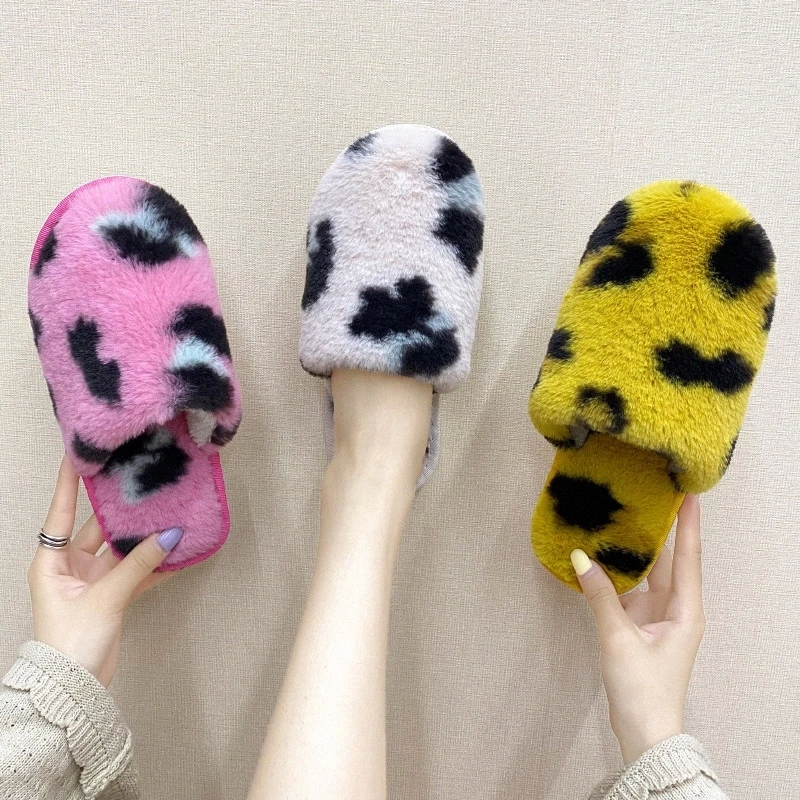 

cootelili winter women home slippers with faux fur fashion warm shoes woman slip on flats female cow striae beige pink 36-41 #1i5o, Black