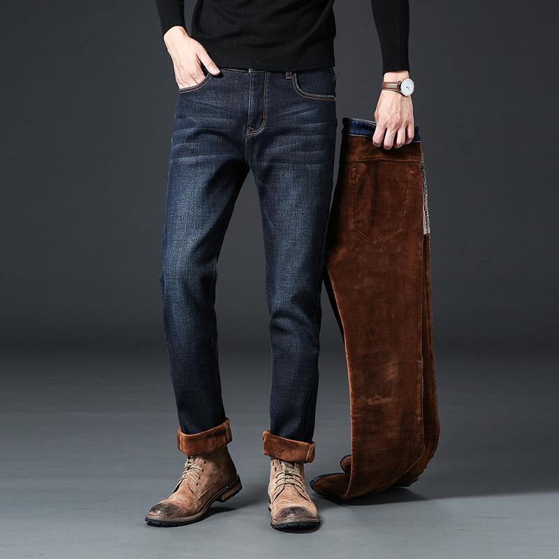 

2020 Winter New Men's Warm Slim Fit Jeans Business Fashion Thicken Denim Trousers Stretch Brand Pants Black Blue, Black jeans men