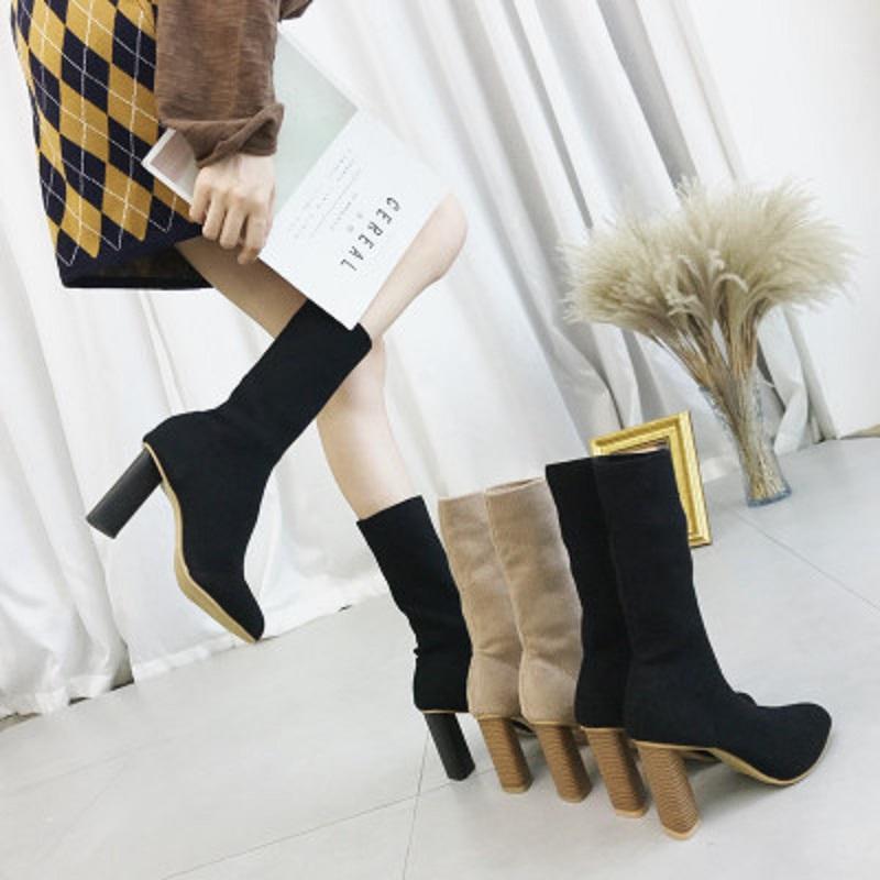 

2020 new women's shoes wool knit elastic boots in the tube pointed thick high heel women's boots1