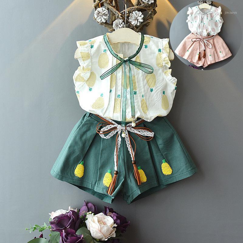 

2020 New Summer Girls Suits Pineapple Print Children's Clothing Sets Casual Style Short Sleeve T-shirt+shorts Pants 2Pcs for 2-71, Green