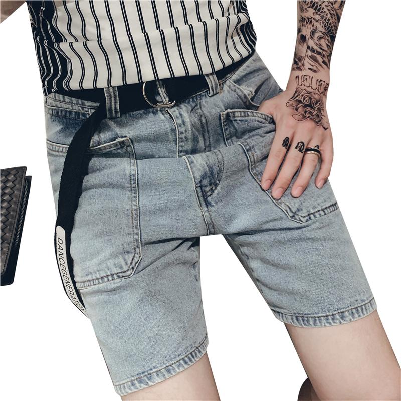 

2020 new summer trend Japanese casual handsome men' pants jeans social guy gentleman net red five pants, Blue