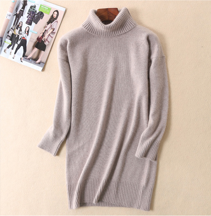 

2021 New Autumn Winter Cashmere Cotton Blend Elegant Turtleneck Straight Design Long Sleeve Women Vestidos Robe Casual Es X2co, Black