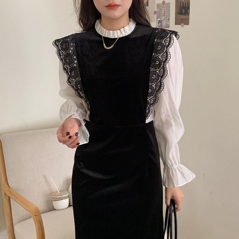 

Casual Dresses Korean Chic Vintage Lace Crochet Flower Contrast Stitching Fake Two Piece Flare Sleeve Velvet Dress Women Stand Vestido, Black;gray