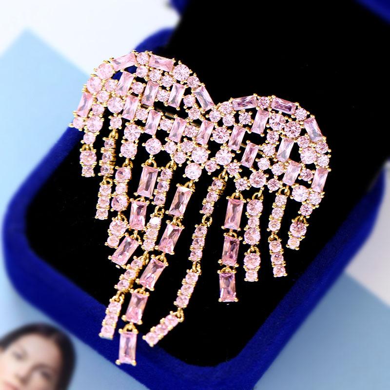 

Pins, Brooches Fashion Romantic Heart Brooch With Tassel High Quality Sparkling Pink Cubic Zirconia For Women Holiday Gift