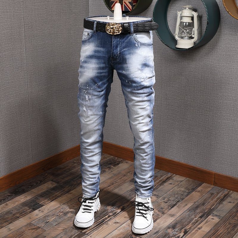 

2021 New American Streetwear Fashion Men Retro Light Blue Slim Fit Punk Style Ripped Jeans High Quality Hip Hop Long Pants Hombre 1f4x