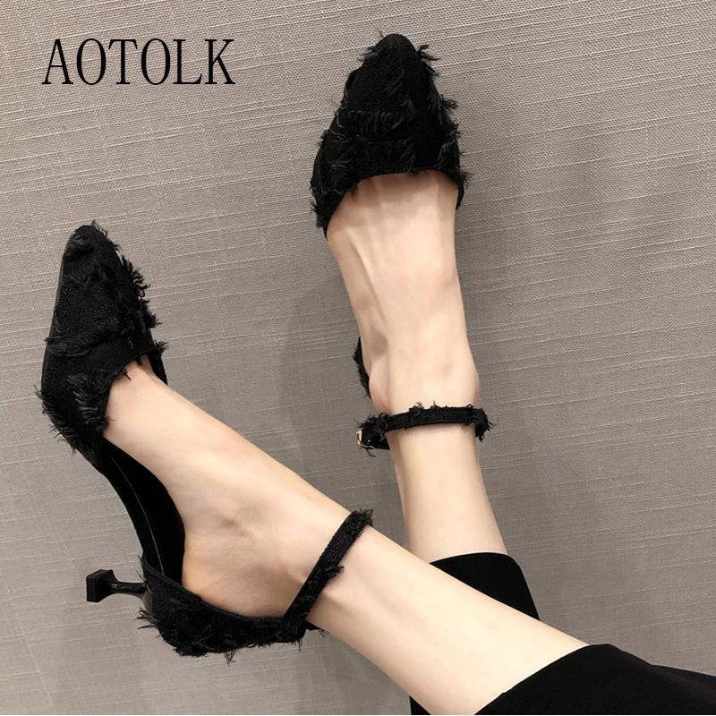 

High Heels Pumps Women Brand Casual Female Sheos Flock Fashion Strap Style Shoes Thin Heels Pointed Toe Confortable Plush Size, White 5cm pumps