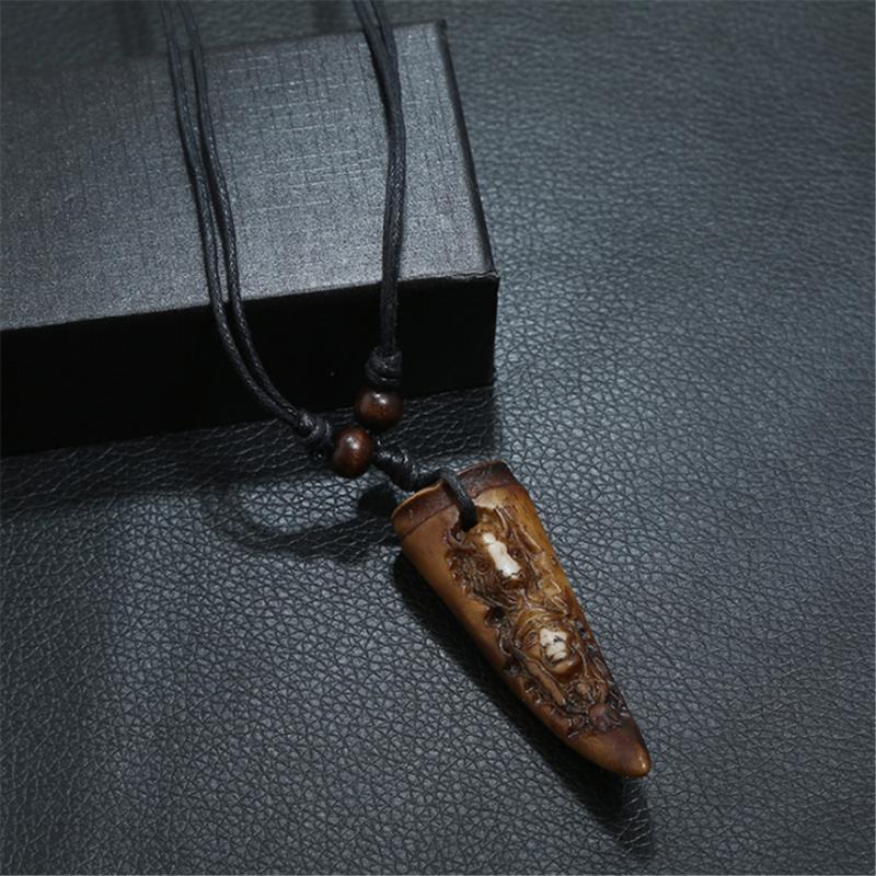 

Charm Adjustable Rope Chain Carving Characters Long Necklace For Men Vintage Resin Pendant Necklaces Punk Jewelry