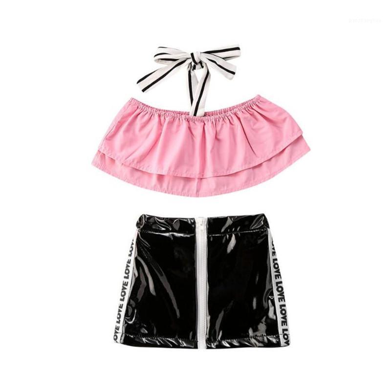 

Girls Outfit Summer Hanging Neck Flouncing Sleeveless Top Leather Short Skirt Set 1-6 Years1, As pic
