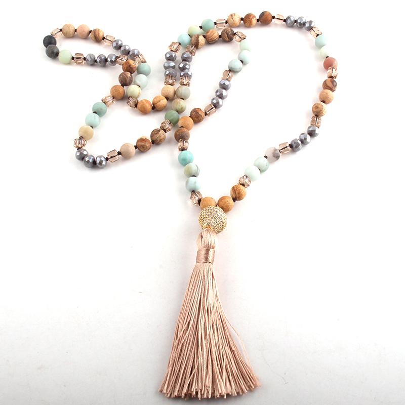 

Fashion Bohemian Tribal Jewelry Stone Long Knotted Micro Zircon Pave Link Tassel Necklaces D