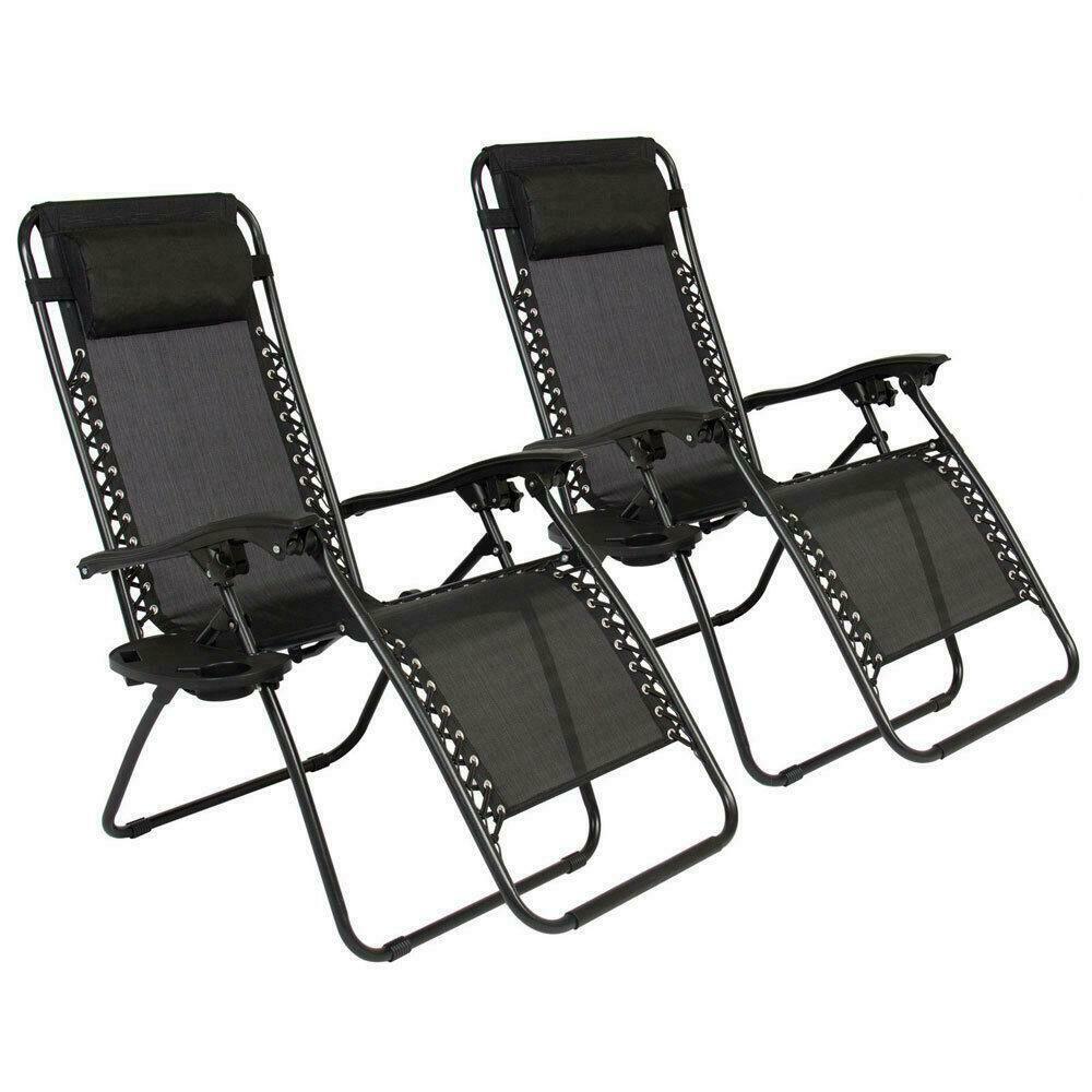 

2 Folding Zero Gravity Lounge Chairs+Utility Tray Outdoor Beach Patio US oshion