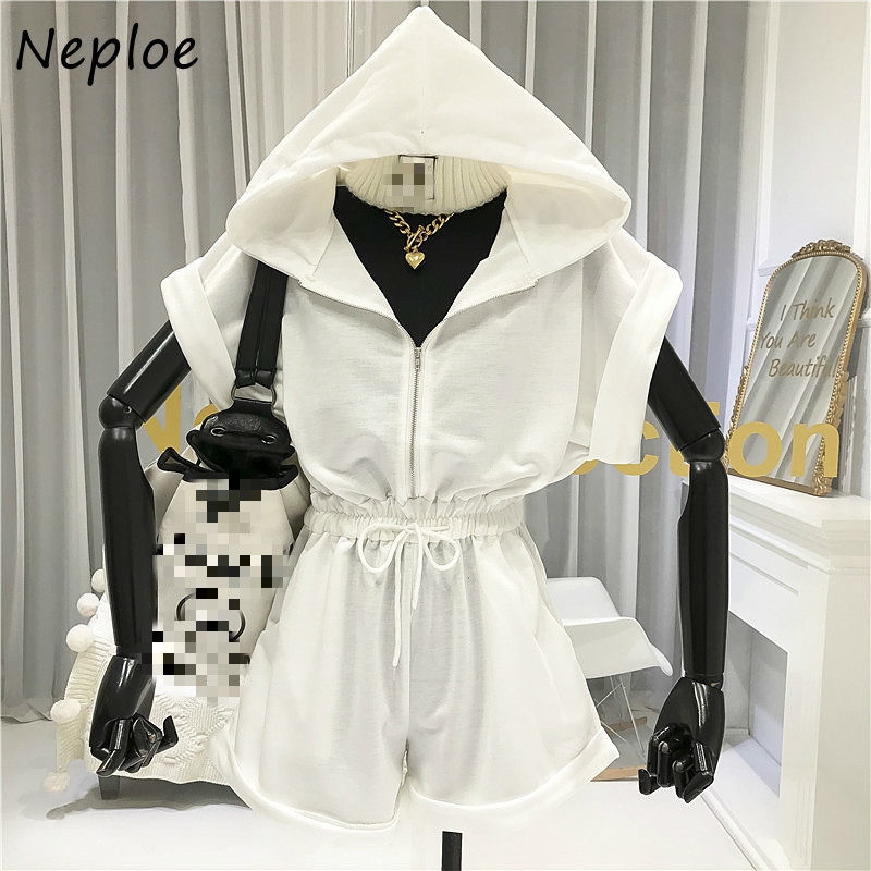

Neploe Jumpsuit Women Loose Casual Hooded Collar Short Sleeve Romper Streetwear Casual Slim Waist Wide Leg Playsuits 1E235 T200704, Light grey