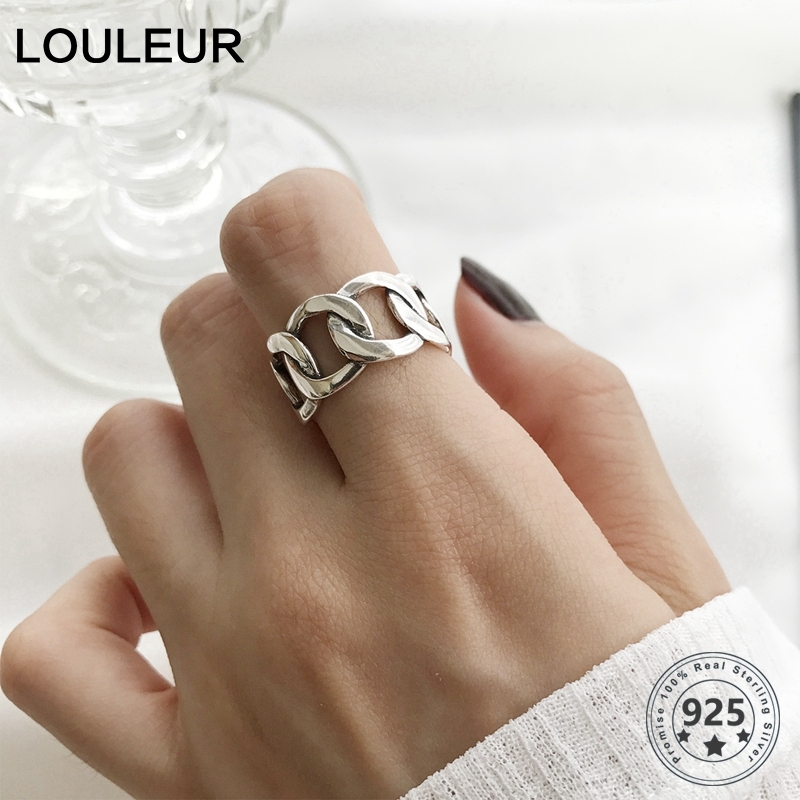 

LouLeur 925 sterling silver wide chain rings silver vintage wild square strip chain open rings for women silver 925 jewelry gift Y1119