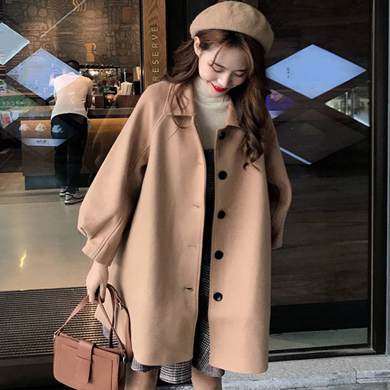 

Woollen women' autumn winter 2020 new Korean loose solid color simple wind long small coat ITN0, 296-801 khaki