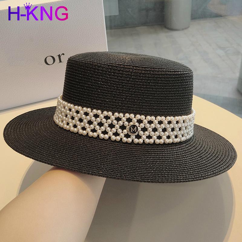 

Wide Brim Hats Fashion Women Pearl Flat Top Straw Hat Wide-brim Boater Temperament Sun Lady Summer Anti-UVProtect Travel Beach, White
