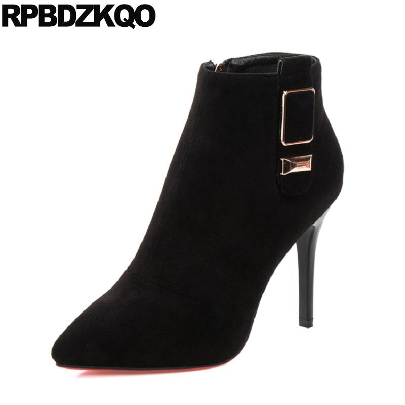 

Side Zip Boots Autumn Short Women Sexy Winter Suede Fur Stiletto Ladies Fall European Ankle Pointed Toe Black Fashion Shoes High
