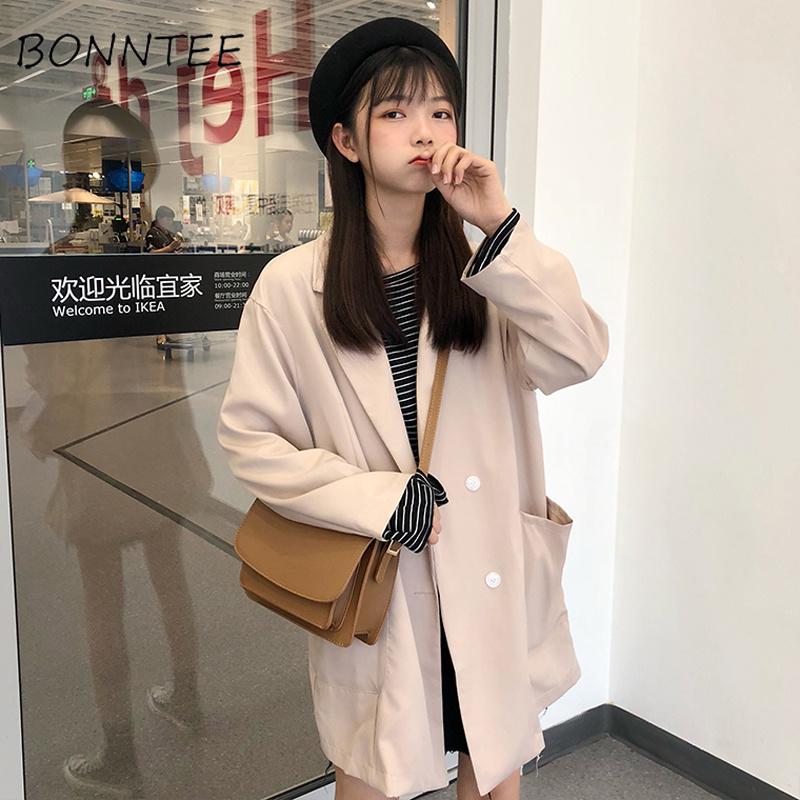

Trench Women Double Breasted Straight Solid Simple Long Sleeve Leisure Outwear Womens All-match Korean Daily Kawaii Pockets Chic, Apricot