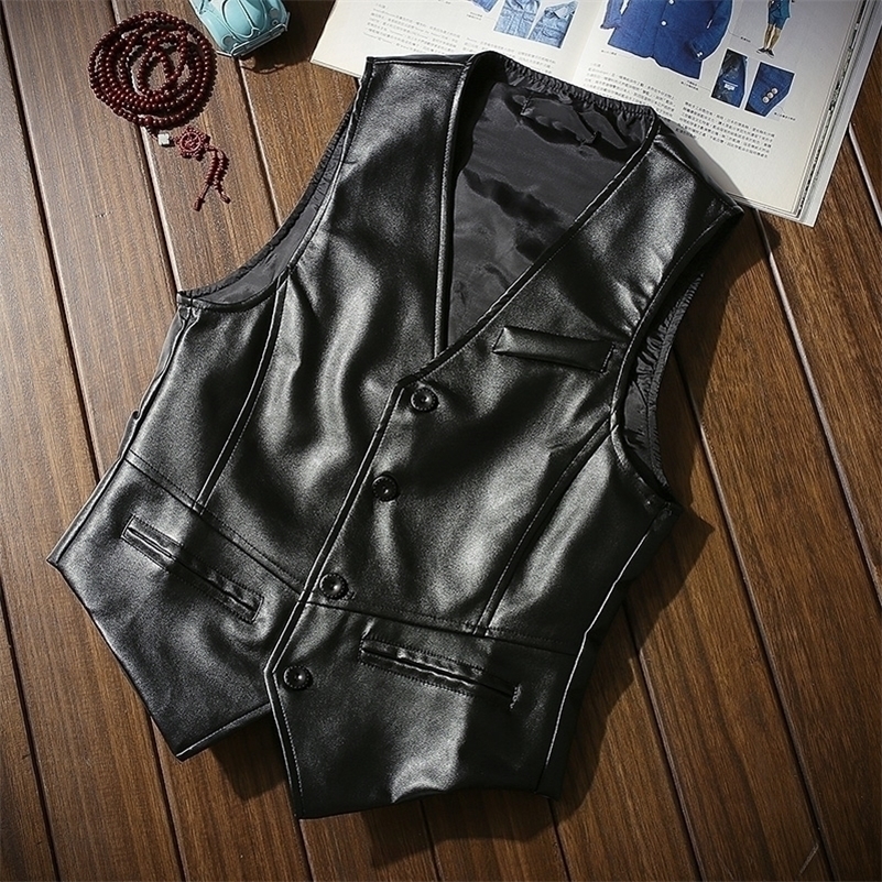 

Men' Faux Leather Vest Fashion Single-breasted Slim V-neck Men' Leather Moto & Biker PU Vests Man Sleevele 201120, Red