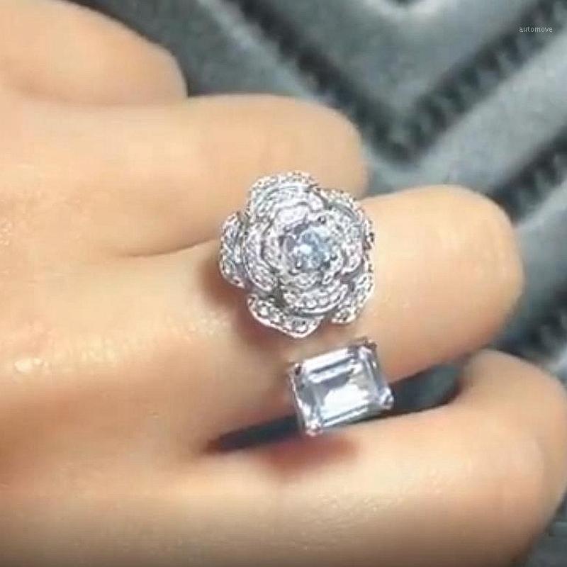 

Camellia Flower Ring 925 Sterling Silver Emerald Square Zircon Crystal Finger Ring Waterdrop Crystal Women Wedding Jewelry1