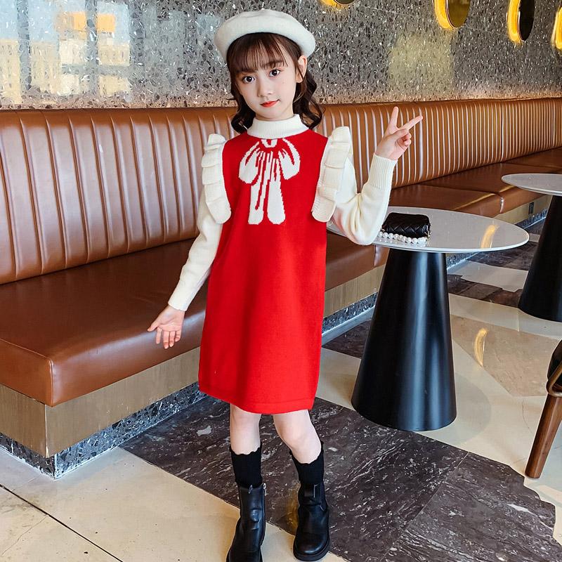 

Girl's Dresses For Girls Children Clothes 2022 Spring Kids Long Sleeve Bow Knitted Dress Autumn Toddler Party Princess, Red;yellow