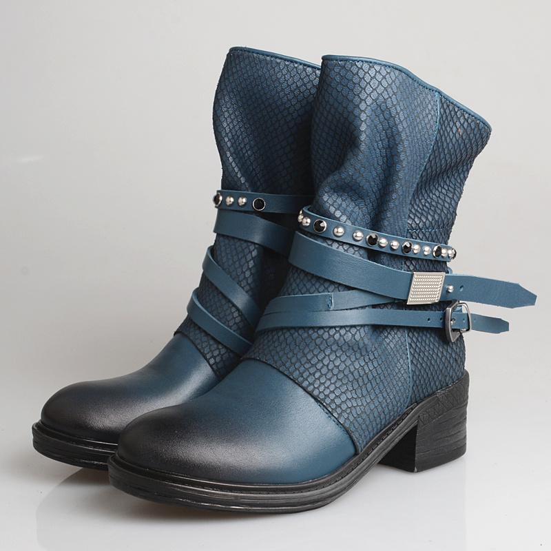 

Western New Punk Winter Genuine Leather Women Biker Boots Motorcycle Shoes Chunky Heels Retro Cowboy Pleated Ankle Riding Boots, As picture