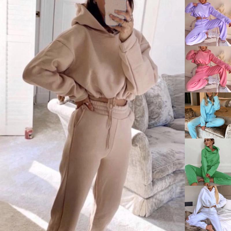 

Women' Casual Solid Color Long Sleeved Hoodie Trousers Sweatershirt Sports Suit Winter warm casual ladies sweater hoodie suit, Blue