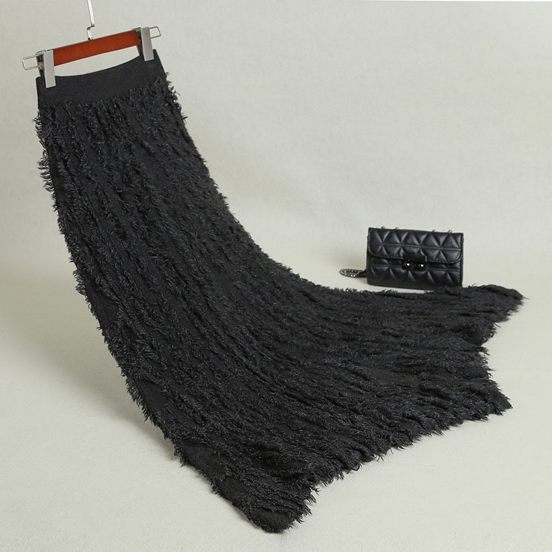 

Women's Tassel Skirt Autumn Winter Thick Rabbit Hair/Cotton Irregular Large Skirt Knit Skirts Woman Faldas High Quality LS137 Y200326, Black