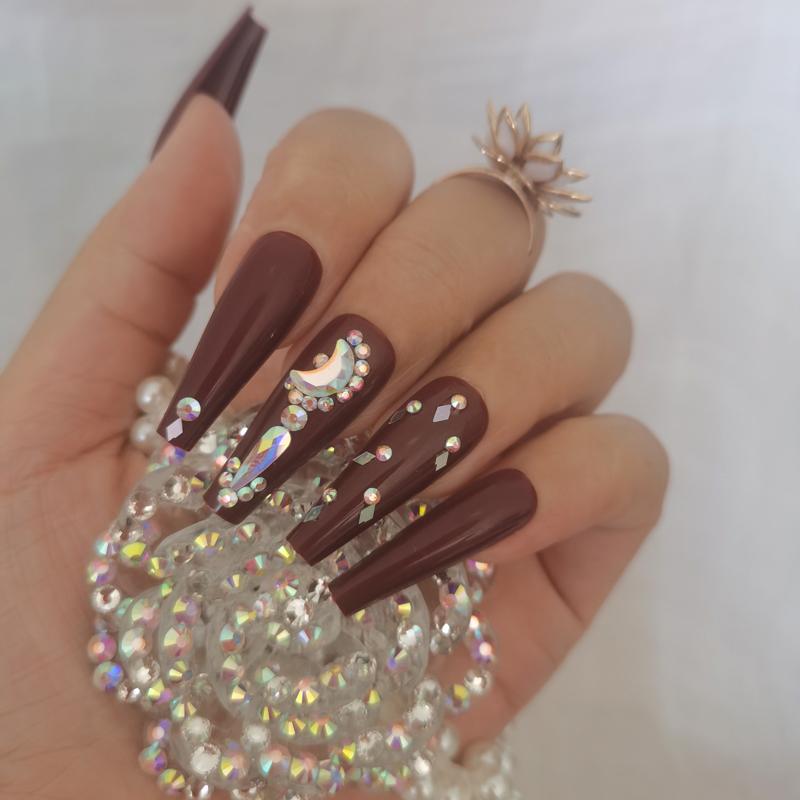 

24pcs Luxury jewelry solid color long ballet coffin salon craft decoration crystal diamond false nails deep red, 1set