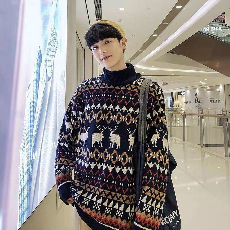

Christmas deer fashion men's sweater knitted fabric monochrome stripe sweater men's semicircular neck retro, 310white
