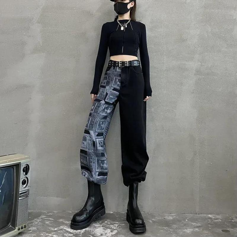 

New Fashion Contrasting Jeans Woman Cool Trousers Female Black Streetwear Pants