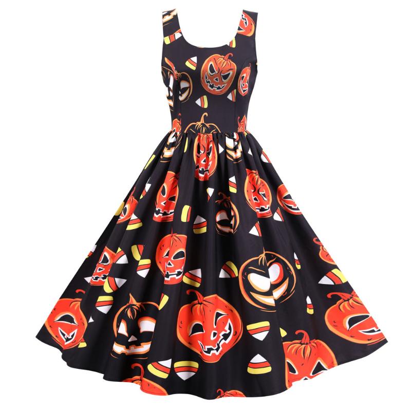 

40# Women Vintage Halloween Print Party Dress Sexy Sleeveless Pumpkin Printing Vintage Party Dress Summer Sexy Dresses, Orange