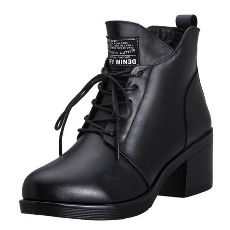 

New Winter Boots Lace-up Side Zipper Warm Wool Boots Thick with High Heel Shoes Woman Genuine Leather Snow, Black