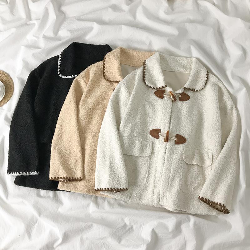 

2020 New Lamb Velvet Coat Women's Autumn and Winter Temperament Sweet French Solid Color Wild Horn Button Long-sleeved Coat, Black
